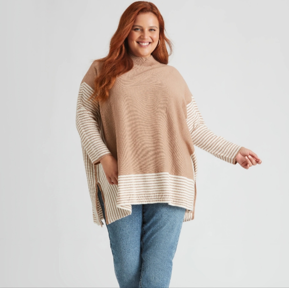 Cato long sleeve stripe boxy top tan/white size 22/24
